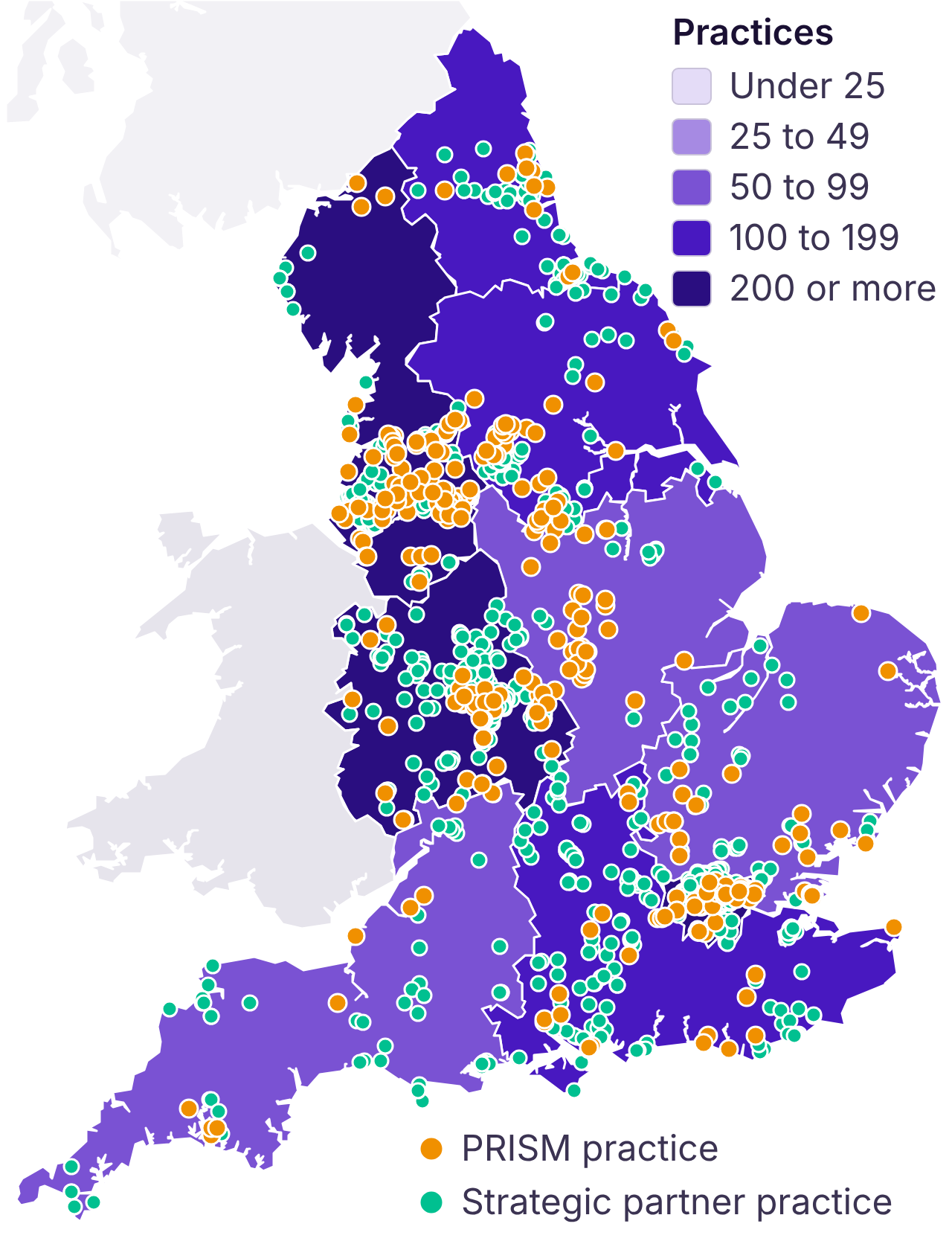 Map of England showing 1,537 PRISM and strategic partner practices across all seven NHS regions