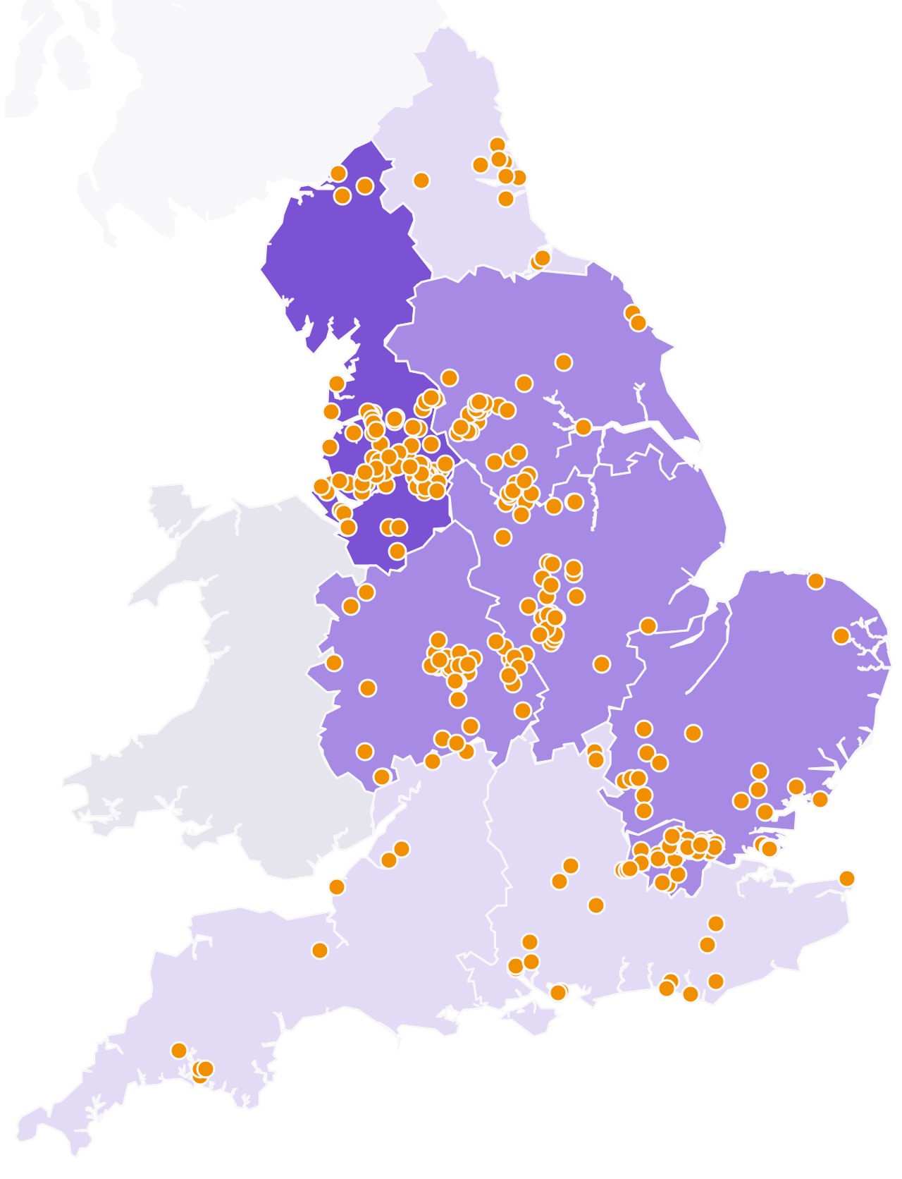 Map of England showing PRISM practices across all seven NHS regions